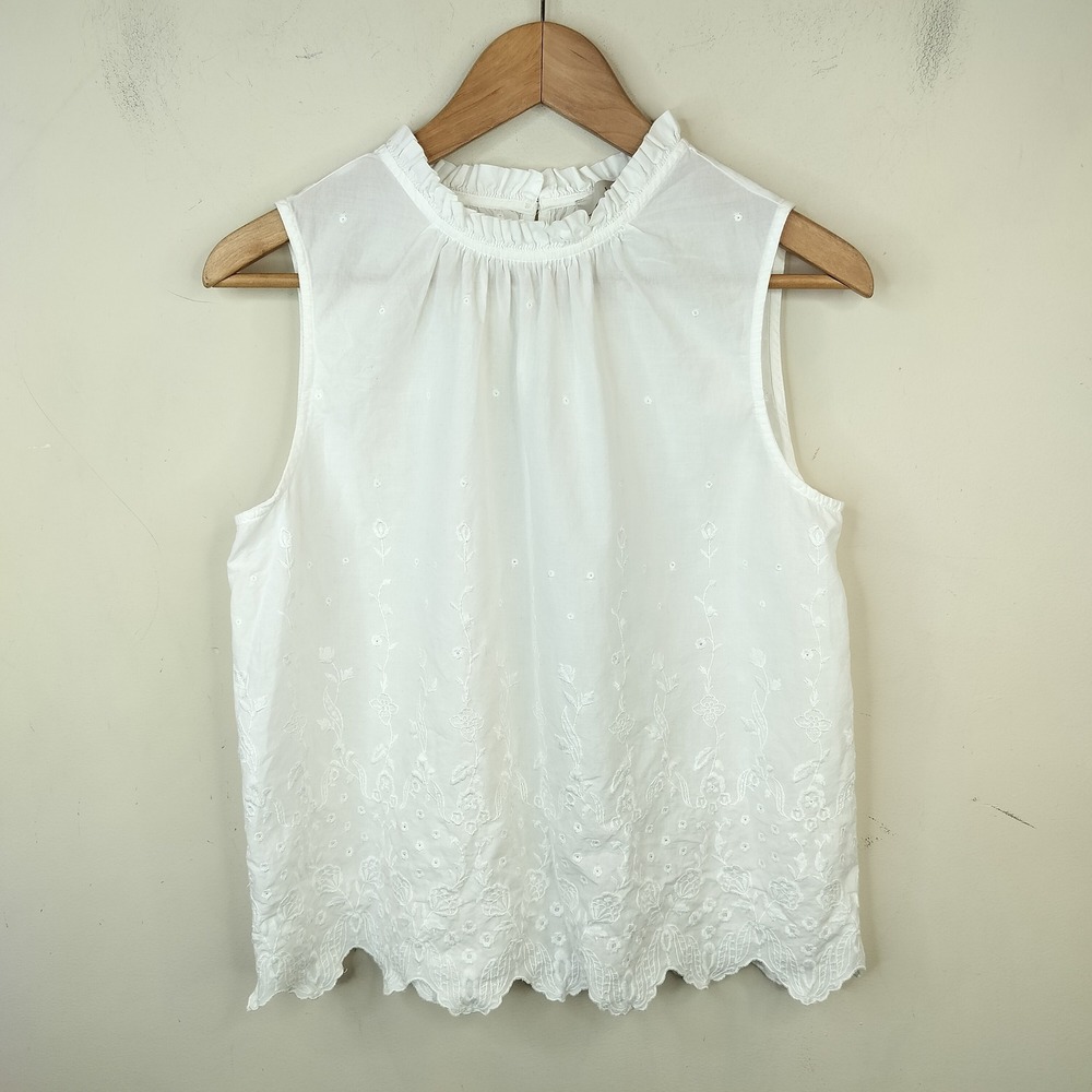 LOFT White Cotton Floral Embroidered Top Small Sleeveless Feminine Cottage